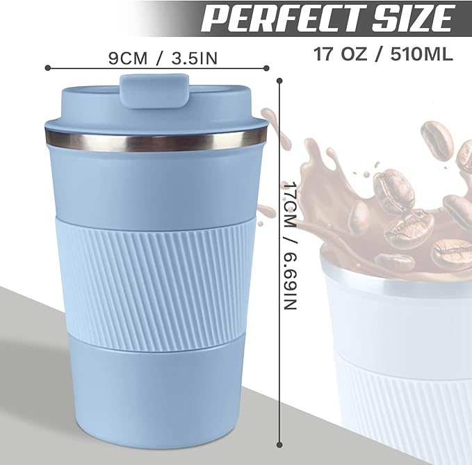 SPLMIFA Vacuum-Insulated Stainless Steel Travel Coffee Mug, Leak-Proof Reusable Coffee Cup with Lid - Keep Hot & Cold Drinks for Hours, Durable Insulated Tumbler for Men & Women(3rd-Light Blue, 17OZ)