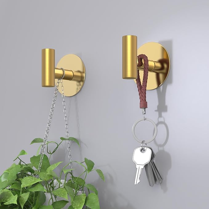 VINHOLD Gold Stainless Steel Wall Hooks, Heavy Duty Self-Adhesive Hooks for Coats, Towels, Robes, Hats, Aprons – No Drill Bathroom, Kitchen, Hotel (2 Pack)
