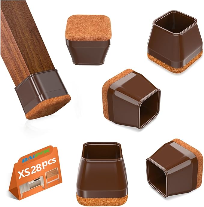 28Pcs Square Chair Leg Floor Protectors with Wrapped Felt Bottom, Silicone Chair Leg Protectors for Hardwood Floors, Chair Legs Cover Prevents Scratches & Reduce Noise (Brown XS Fit 0.63"-0.83")