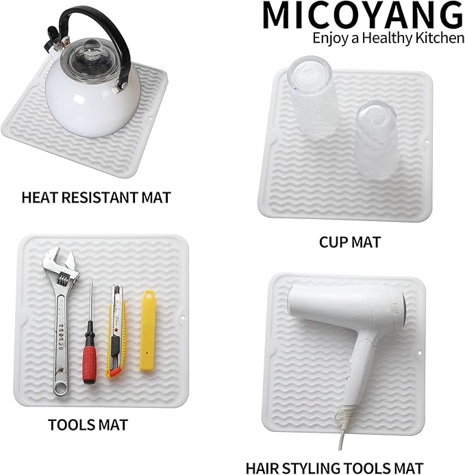 MicoYang Silicone Dish Drying Mat for Multiple Usage,Easy clean,Eco-friendly,Heat-resistant Silicone Mat for Kitchen Counter or Sink,Refrigerator or Drawer liner White M 12 inches x 12 inches