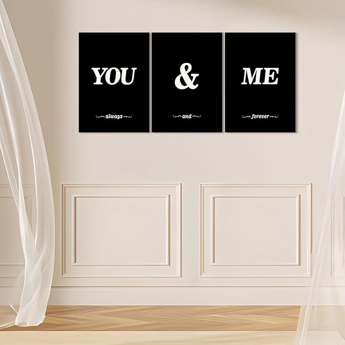KAWAHONE 3 Pieces Black White You and Me Word Canvas Poster,Modern Lover Style Wall Art for Living Room Bedroom Home Decor