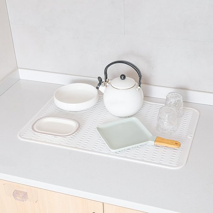 Silicone Dish Drying Mat for Multiple Usage, Easy Clean, Eco-friendly, Heat-resistant Silicone Mat for Kitchen Counter or Sink, Refrigerator or Drawer Liner White 3XL 28 inches x 18 inches