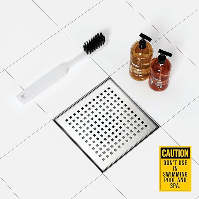 Neodrain 6-Inch Square Shower Drain with Removable Quadrato Pattern Grate, PVC Shower Drain Base and Rubber Gasket for Bathroom Floor Drain, Brushed 304 Stainless Steel, Includes Hair Strainer