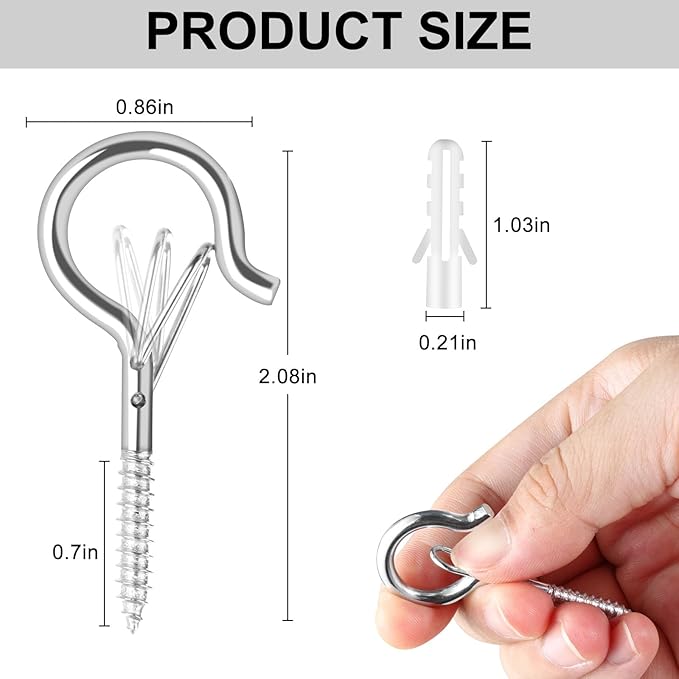FSAH 25 PCS Screw-in Hooks for Outdoor String Lights, Q Hangers Hooks Outdoor for Outside, Swivel Hanging Basket Patio Light Hooks with Safe Buckle Screw in Planter Eye Hook for Wall Ceiling, Silver
