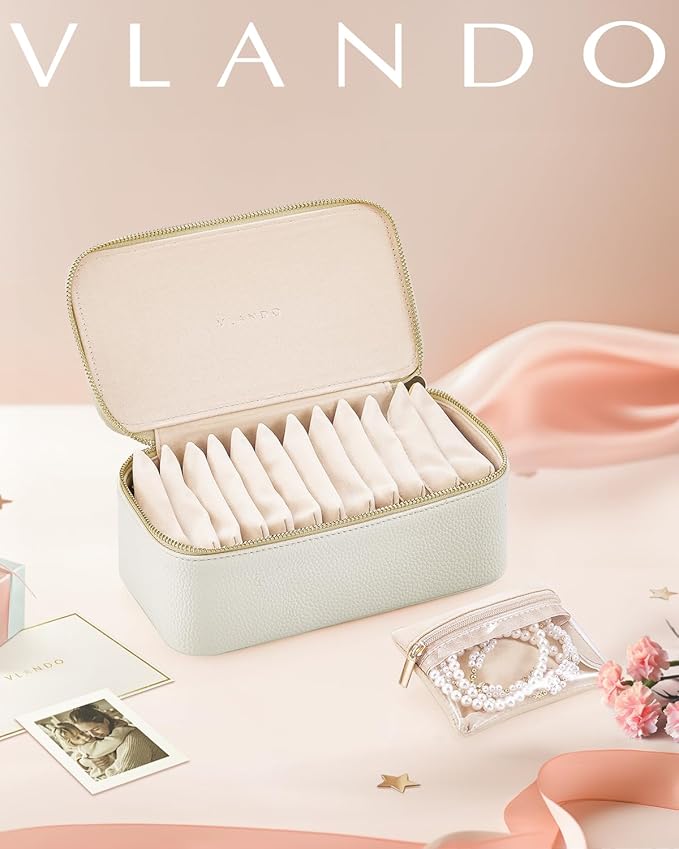 Vlando Travel Jewelry Case, Jewelry Box with 12 Velvet Jewelry Pouches, Jewelry Travel Organizer for Women and Girls, Jewelry Case, Necklace, Rings, Earrings Bags, Wedding Gifts (White)