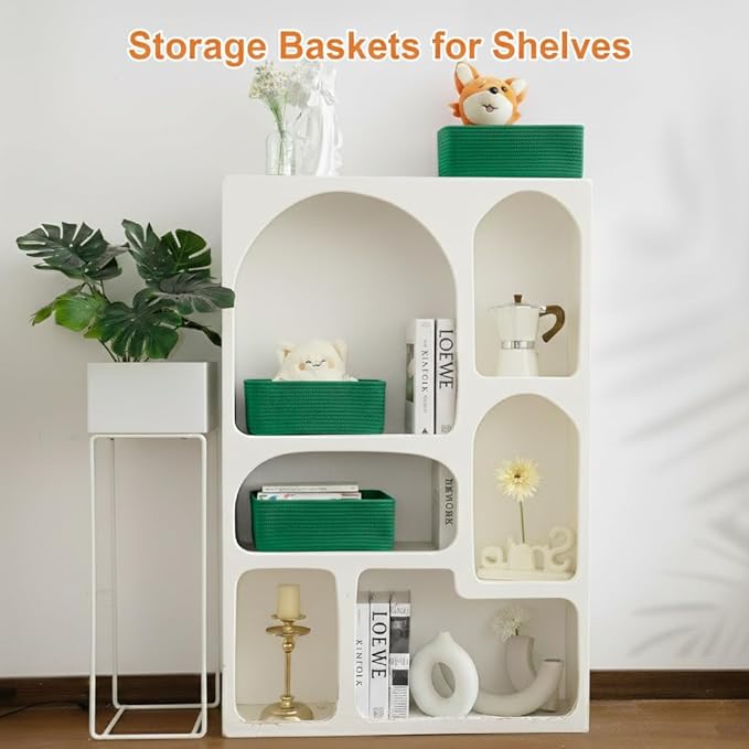 Ordn2Ordn Small Storage Baskets for Organizing, Woven Storage Bins for Shelves, Empty Gift Basket, Cute Decorative Closet Organizer, Baby Rope Basket, Dog Toy Storage, 12.6x8.2x5”, 3-Pack Green