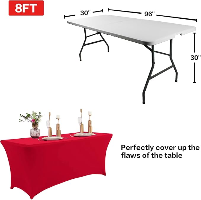 IVAPUPU 8FT Table Cloth for Rectangular Fitted Events Stretch Red Table Covers Washable Cover Spandex Tablecloth Protector for Party, Wedding, Cocktail, Banquet, Festival