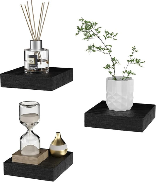 Small Floating Shelves for Wall - 4 Inch Mini Square Black Shelves for Bedroom, Living Room, Bathroom, Kitchen, Office Decor Set of 3