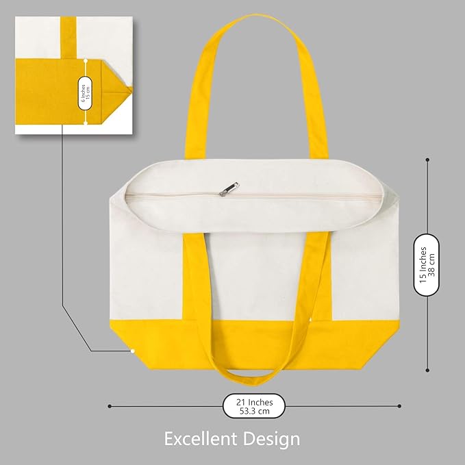 TOPDesign 3-Pack Canvas Tote Bags with an External Pocket, Reusable Grocery Shopping Bags, Top Zipper Closure, Daily Essentials (Yellow/Natural)