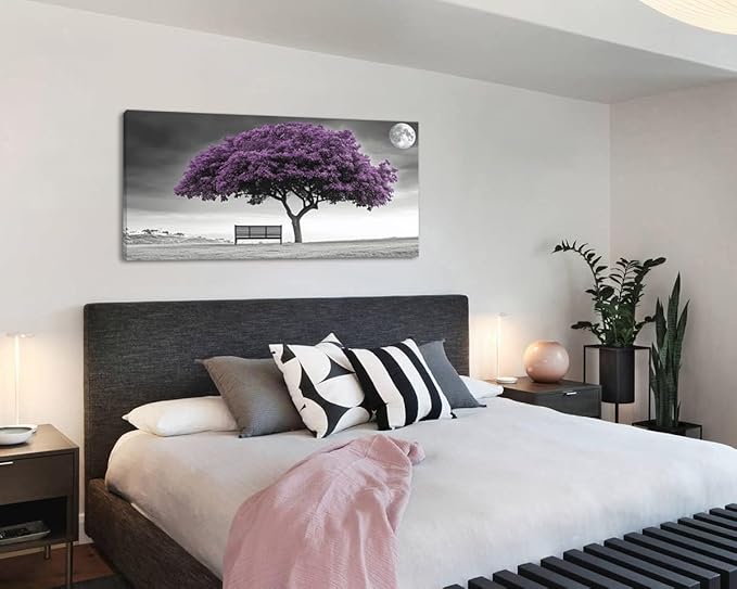 ZESTRILIA Country Purple Tree Wall Art for Living Room Office Violet Gray Moon Canvas Painting Prints Artwork Dining Bedroom Decor (30x16 Inches)