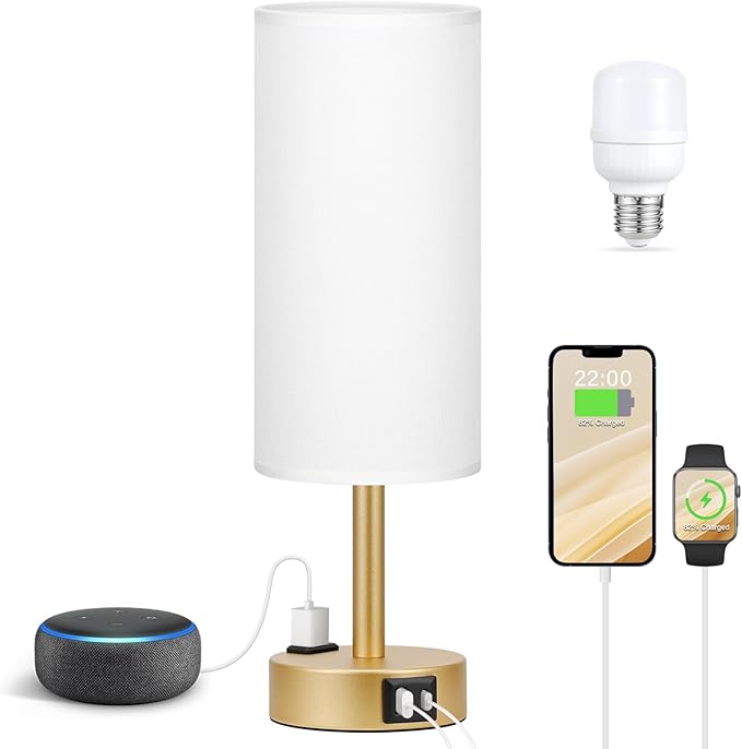 Fenmzee Gold Touch Lamp for Bedroom- 3 Way Dimmable Bedside Lamp USB C A Charging Ports and AC Outlet, Small Table Lamp White Linen Lampshade for Gift, LED Bulb Included