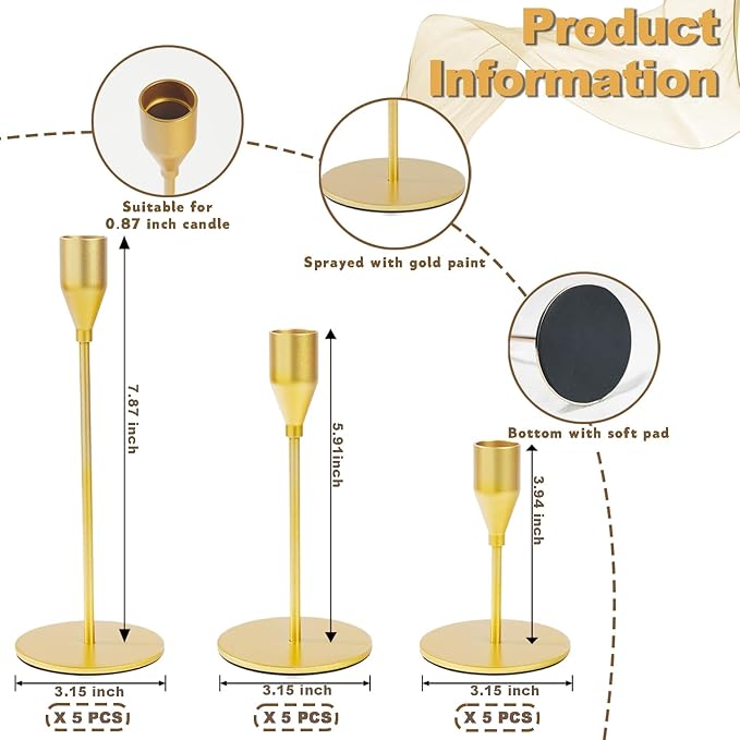 Matte Gold Candle Holders Bulk Painted Gold Metal Candlesticks Fit 0.8 Inch Taper Candles Decorative Metal Candelabra for Wedding Home Holiday Anniversary Party Dinning Table Decors (Set of 15)