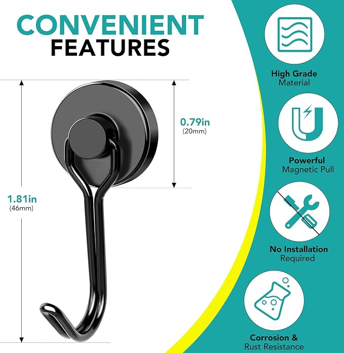 DIYMAG Black Magnetic Hooks, 40LBS Strong Magnetics Heavy Duty 2026 Cruise Cabin Ship Essentials Magnet Hook with Metal Hanger for Hanging Refrigerator Home Kitchen Office, 4Pack