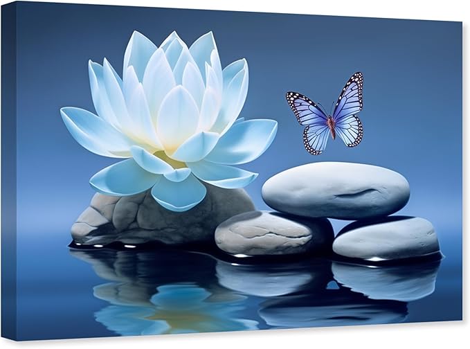 ARTZGX Blue Zen Wall Art Lotus Flower Canvas Spa Stone Pictures for Bathroom Wall Decor Meditation Butterfly Painting Frame(Zen - A 12.00" x 18.00")