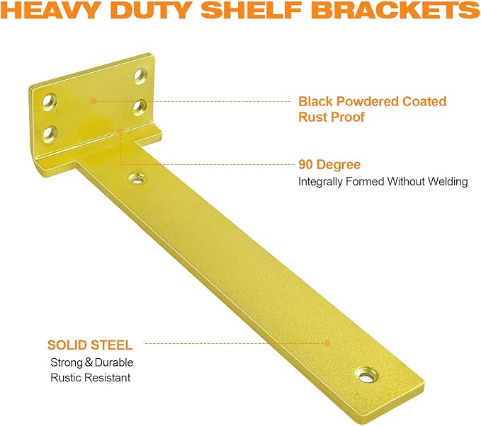 Floating Shelf Brackets 8 inch 6 Pack L Brackets for Shelves Gold Metal Heavy Duty Shelf Bracket for DIY Decorative with Mounting Hardware