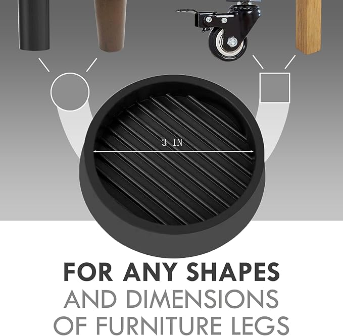 VOCOMO 3X3 Round Rubber Caster Cups, Non-Slip Furniture Pads, Anti-Slip Gripper, Anti-Skid Furniture Feet, Anti-Slide Floor Protector for Bed Couch Table Chair Stoppers - Black, 4 Pack