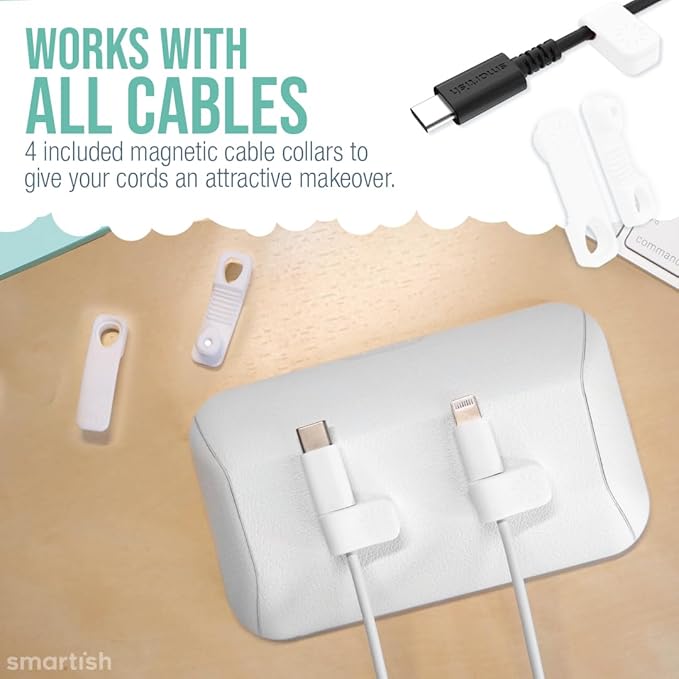 Smartish® Magnetic Cord Holder - Bigger Cable Wrangler Organizer with Magnet Clips for Charger Management on Desktop, Nightstand - Holds 6+ Cables - Snow Day White