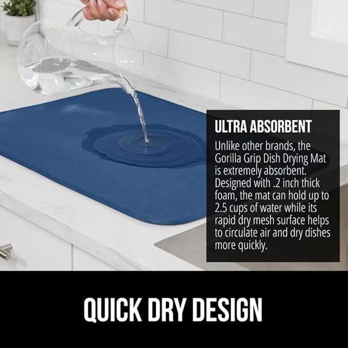GORILLA GRIP Ultra Water Absorbent Microfiber Dish Drying Mat, 18x24, Quick Dry Thick Mesh, Slip Resistant Pad for Sink Dishes or Under Rack, Kitchen Counter Accessories, Machine Wash, Blue