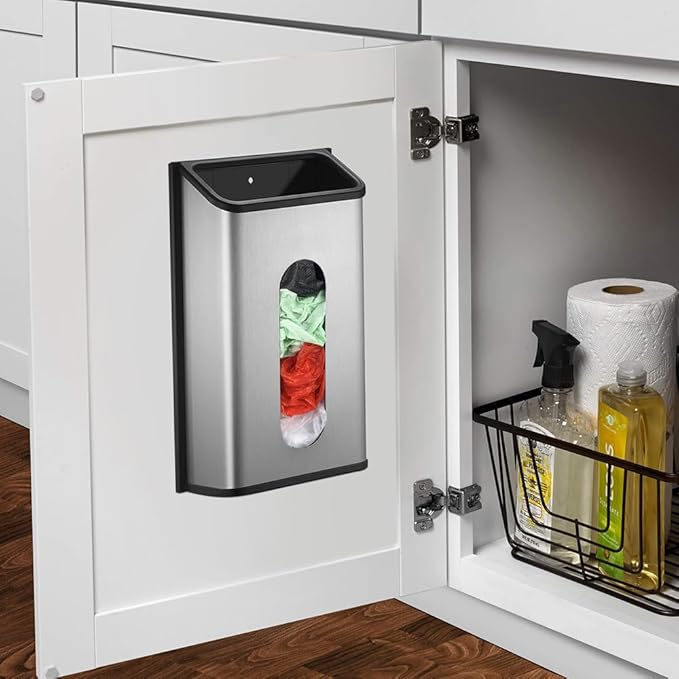 Plastic Bags Holder Grocery Dispenser for Kitchen Trash Bag Storage with Stainless Steel Front, Wall Mounted with Extra Wide Easy Access Openings