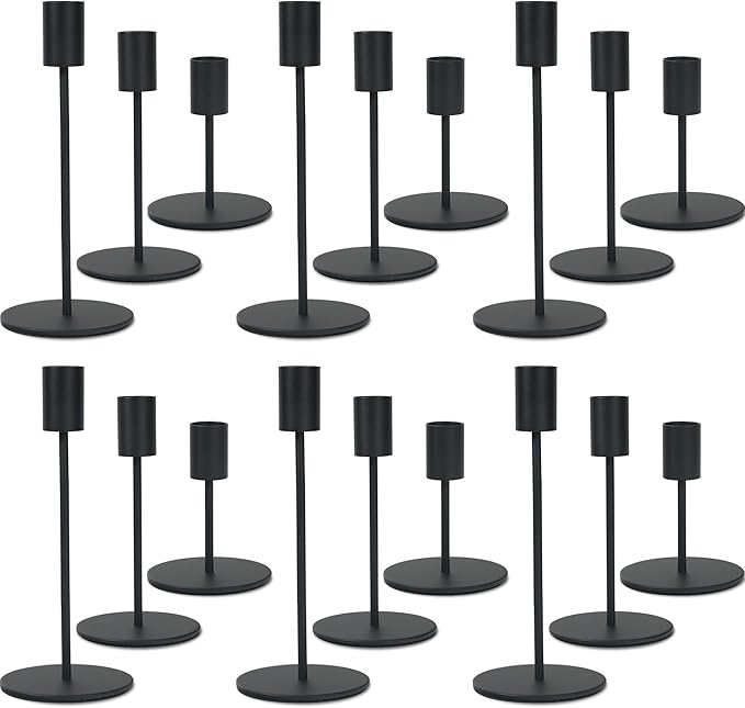 Black Candlestick Holders Bulk for Taper Candles Decorative Metal Candelabra Candle Holders Fit 0.8 Inch Diameter Candles Gold Taper Candle Stands for Wedding Home Party Table Decor (Set of 18)