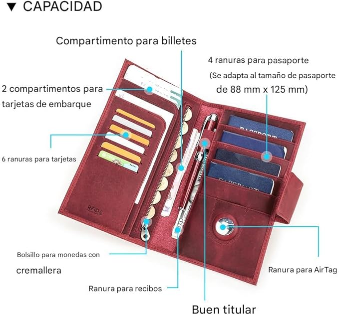 CONTACTS Full Grain Leather Family Passport Holder for 4 Women Airtag Passport Wallet RFID Blocking Travel Passport Cover with 4 Passport Slots, 6 Card Slots (Red)