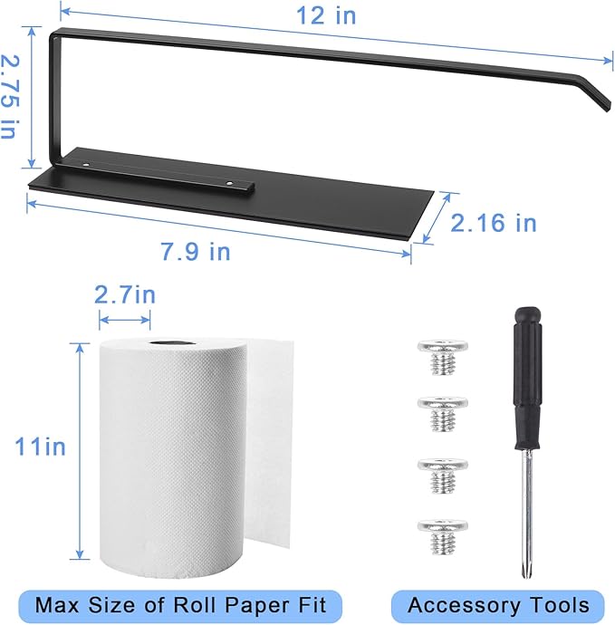 Paper Towel Holder Black, Toilet Paper Roll Holder Magnetic Towel Rack No Drilling Fridge Organizer Shelf for Towels Rolls Bar Bathroom Toilet Pantry RV Essentials Kitchen Organizer and Storage 2 Pack