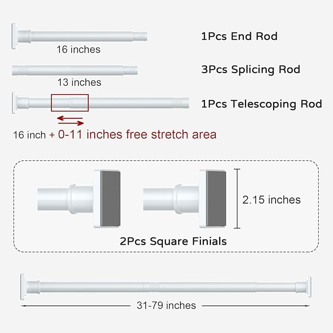 UIOSANRT White Shower Curtain Rod 31-79 Inches Non-Slip Shower Rod Tension Mounted No Drill Shower Curtain Rods Spring Tension Rod Adjustable Tension Curtain Rod for Windows Bathroom