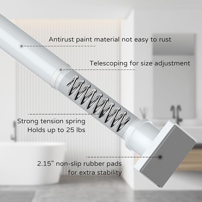 UIOSANRT White Shower Curtain Rod 31-79 Inches Non-Slip Shower Rod Tension Mounted No Drill Shower Curtain Rods Spring Tension Rod Adjustable Tension Curtain Rod for Windows Bathroom