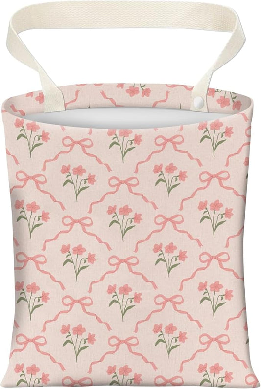 Cute Car Trash Can, Hanging Canvas Car Back Seat Organizer and Storage Bag, Funny Car Trash Bag for Travelling, Outdoor Cute Pink Flower