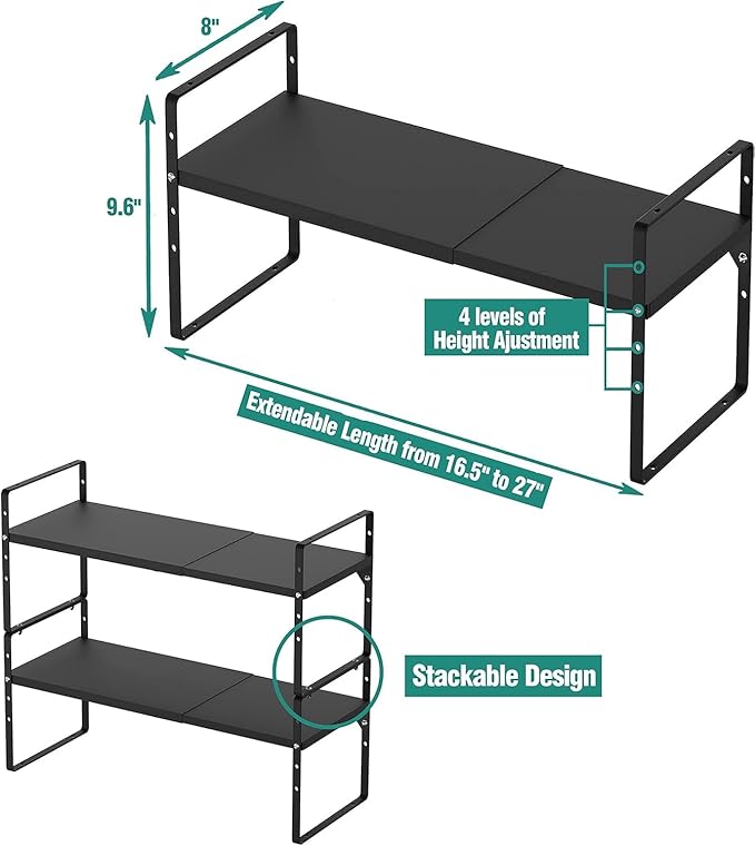 Expandable Cabinet Shelf Organizer Rack, Stackable Kitchen Counter Storage Shelves Stand, Adjustable Height Pantry Shelf Spice Rack, Heavy Duty Nonslip Black Small 3Pack