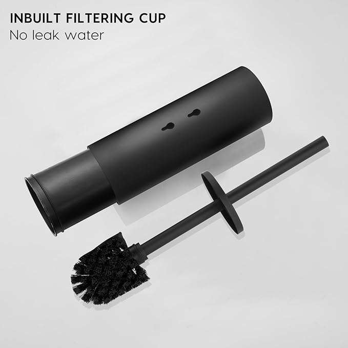 Toilet Bowl Brush and Holder, 304 Stainless Steel No-Punch Hook Base Dual-Purpose Toilet Brush Holder with Removable Inner Bucket and Splash Cover - Soft Bristles (Black)
