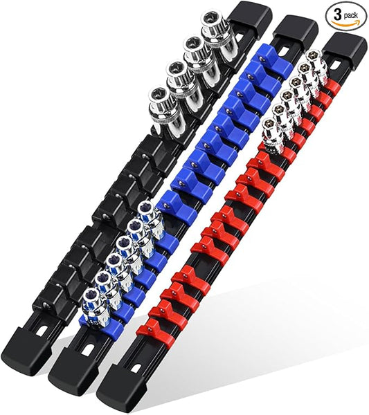 3-Piece Socket Organizer Rail Set, Heavy Duty Socket Holder for 1/4", 3/8", 1/2" Drive, 43 Clips Spring Loaded Ball Bearings for Metric & SAE Sockets, Portable Tool Tray for Toolbox Drawer