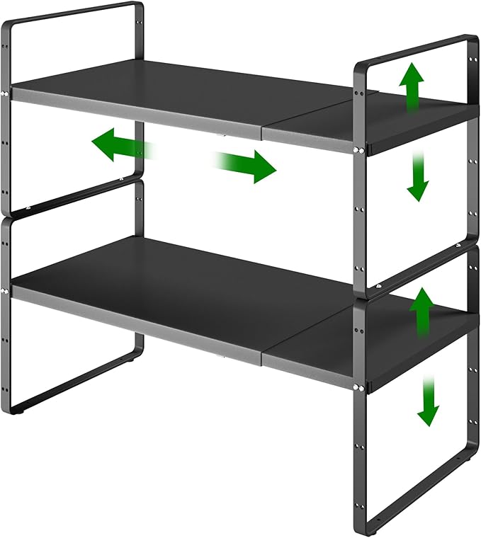 LOCVCDA Expandable Cabinet Organizer Shelf, Adjustable Height Organizer Riser for Kitchen Cabinet Spice Rack Locker Pantry Cupboard Under Sink Countertop Desk Organization Metal Stackable Shelves