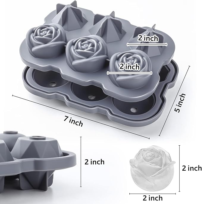 Ice Cube Tray, Mikiwon 2 inch Rose Ice Cube Trays With Covers, 3 Cavity Silicone Rose Ice Tray & 3 Diamond Ice Ball Maker, Easy Release Large Ice Cube Form for Chilled Cocktails, Whiskey Juice
