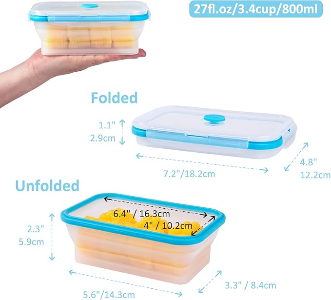 Collapsible Food Storage Containers with Airtight Lid & Vent, 27oz, Kitchen Stacking Silicone Collapsible Meal Prep Container Set for Leftovers, Microwave Freezer Dishwasher Safe, Translucent, Set of 4