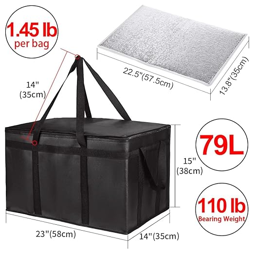 Insulated Food Delivery Bag with Hard Bottom, XXX-Large Insulated Reusable Grocery Cooler/Hot Bags, Tote Bag for Shopping/Travel, Black, 4-Pack