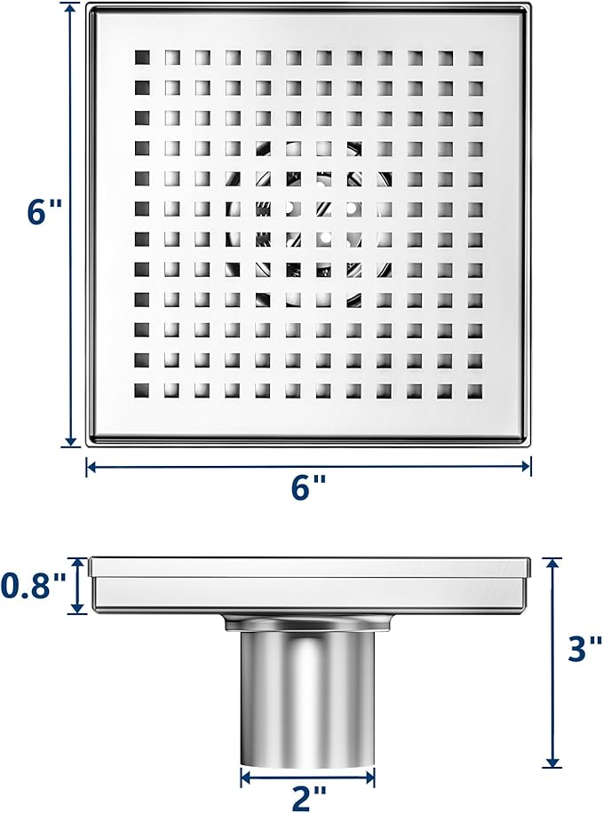Neodrain 6-Inch Square Shower Drain with Removable Quadrato Pattern Grate, PVC Shower Drain Base and Rubber Gasket for Bathroom Floor Drain, Brushed 304 Stainless Steel, Includes Hair Strainer