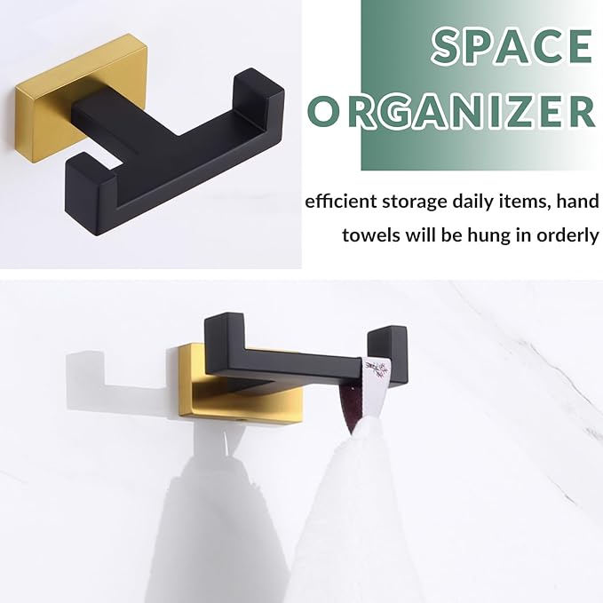 APLusee Black Gold Double Towel Hook, Heavy Duty Stainless Steel Robe Hook for Bathrooms, Wall Mounted