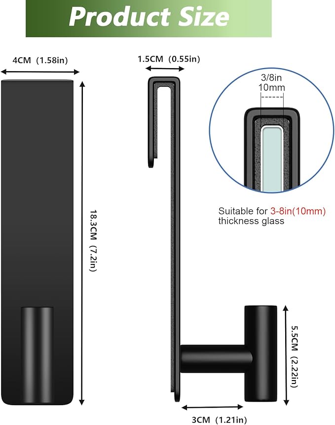 VINHOLD Shower Door Hooks, Heavy Duty Rack Hooks for Robe, Stainless Steel Towel Hooks for Bathroom, Fits Frameless Glass Shower Doors up to 3/8" (10mm) Thick (Black, 2 Pack)