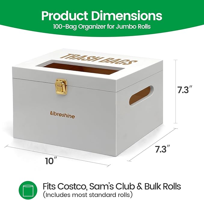 Libreshine Extra Large White Bamboo Trash Bag Holder Dispenser, Fits Costco & Sam's Club Jumbo Rolls, Under-Sink, Cabinet & Wall Mount Organizer, Garbage Bag Storage for Kitchen, Pantry, Garage