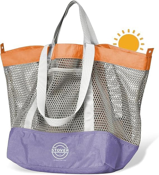 STOVER Large Mesh Beach Bag, Vacation, Pool, Shopping, & Travel Tote - Foldable w/Storage Pockets for Women, Men & Families