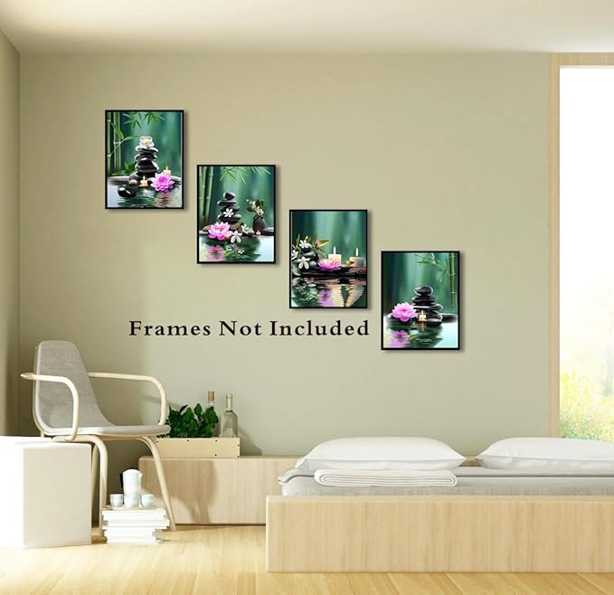 TANXM Zen Wall Art Print - Meditation Canvas, Spa Stones, Sand Posters for Yoga Office Bathroom Bedroom - Set of 4 (Unframed 8 x 10 IN), Warm