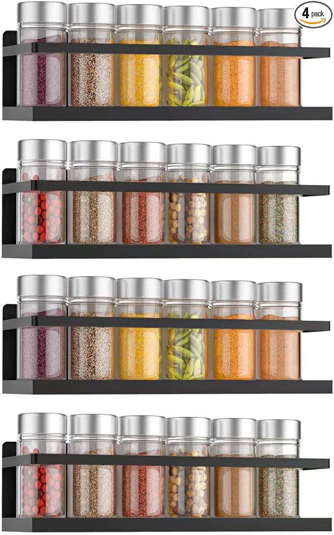 Magnetic Spice Rack for Refrigerator, Magnetic Fridge Shelf for Kitchen Spice Organizer, Spice Rack Wall Mount, Fridge Organizers and Storage (4, Black)