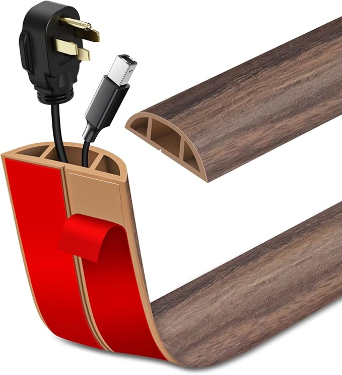 Floor Cord Cover Self Adhesive Cord Hider Floor Extension Cord Covers for Floor Power Cord Protector Cable Management Prevent Cable Trips Cable Cavity 0.51" W x 0.31" H (Smoked Brown Wood, 3.3Ft)