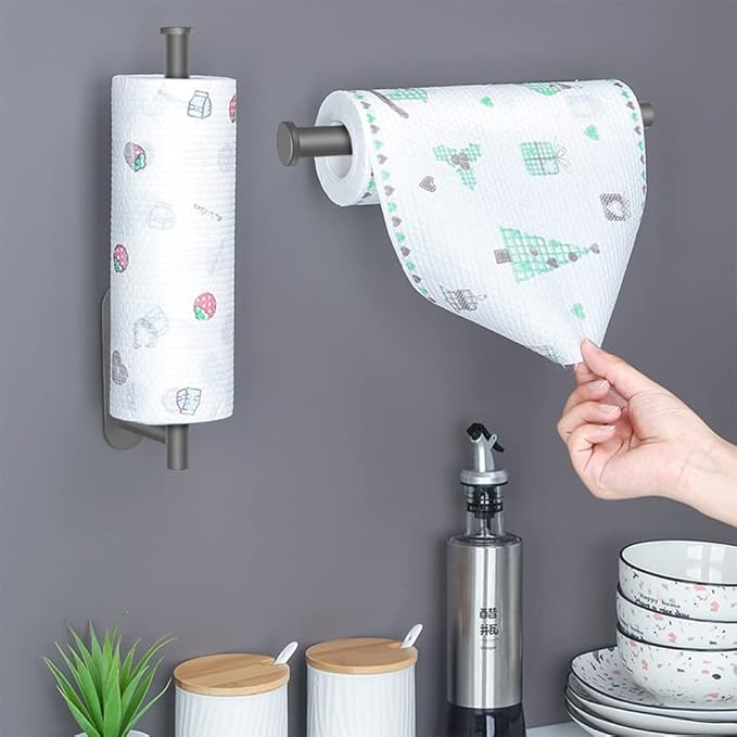 MGahyi Paper Towel Holder Wall Mount, Self Adhesive Or Drilling Paper Towel Holder Under Cabinet, 13.2 inch Stainless Steel Kitchen Paper Towel Roll Rack, Bathroom Towel Roll Hanger(Grey, Rectangle)