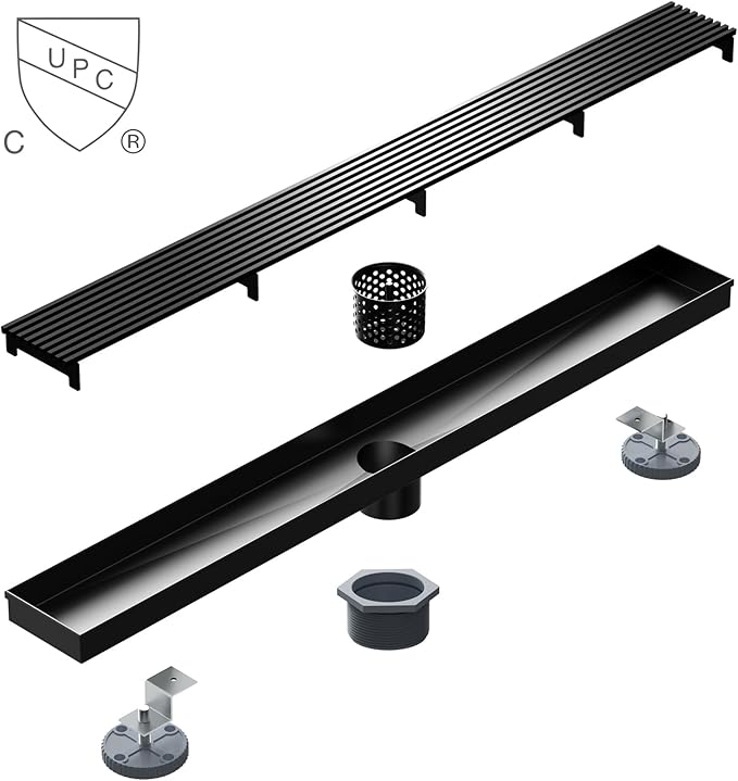 Sharpeye 24 Inch Linear Shower Drain with Removable Wedge Wire Pattern Grate, Matte Black 304 Stainless Steel Rectangle Shower Floor Drain for Bathroom, CUPC Certified, with Hair Strainer