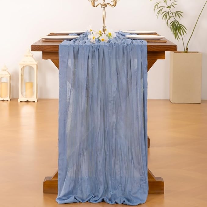 Socomi 6pcs Dusty Blue Summer Cheesecloth Table Runner Boho Rustic Gauze 120 inch 10FT Cheese Cloth Sheer Runner for Wedding Party Baby Shower Birthday Home Decor Holiday Decorations