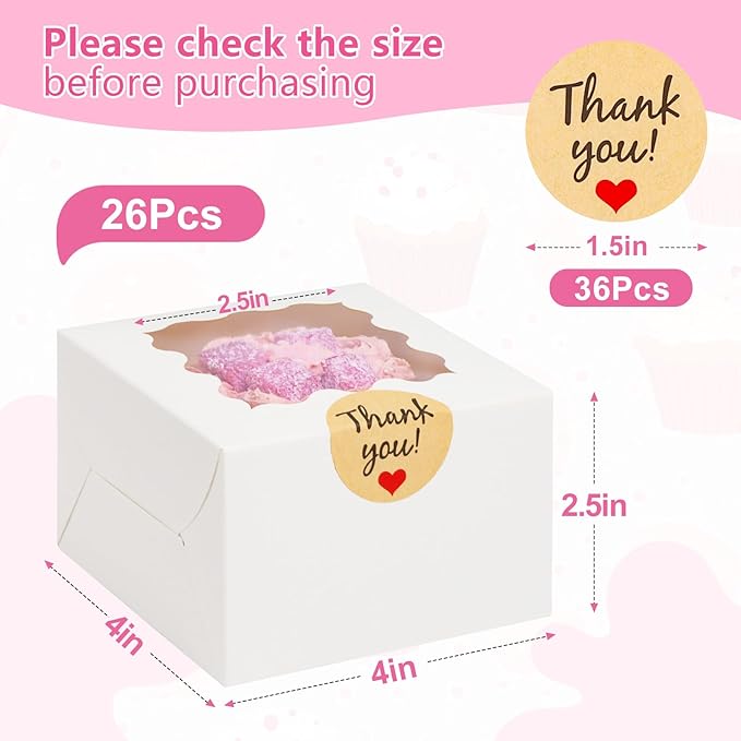 26pcs White Cookie Boxes with Window, 4x4x2.5 Inches Small Bakery Boxes with 36pcs Stickers, for Mini Cake Cookies Treat Dessert Pastry Donuts Macaroon Strawberries Chocolate Cupcakes Candy