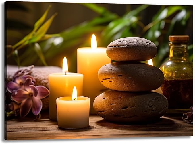 GLOKAKA Zen Canvas Wall Art Stacked Spa Stones White Candle Painting Relaxation Artwork Meditation Decor for Spa Yoga Room Bathroom Ready To Hang(Artwork-3,20"x30")