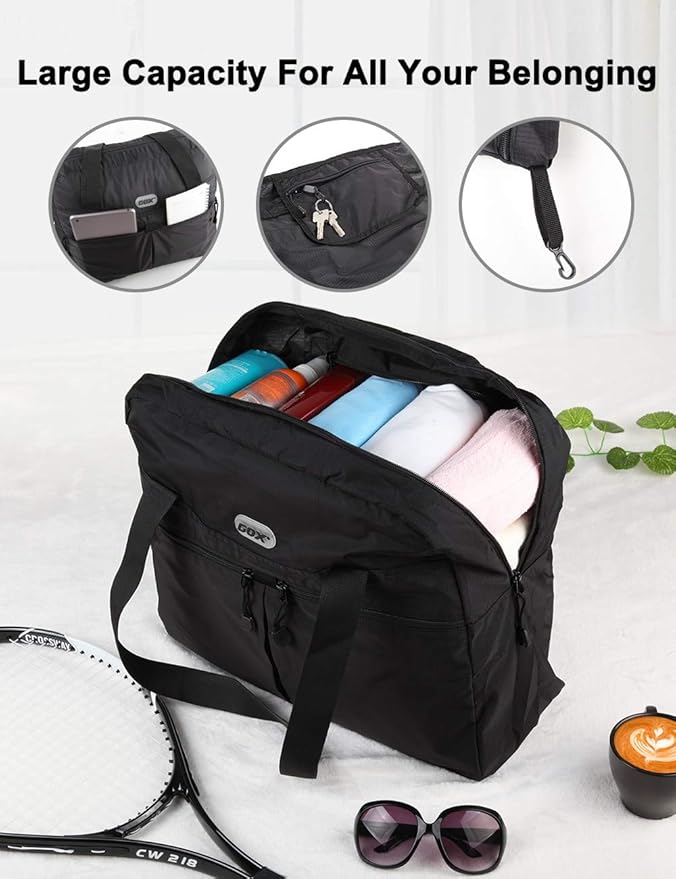 GOX Packable Duffel Bag for Travel, Foldable Tote Bag, Travel Tote Bags for Women (Black)